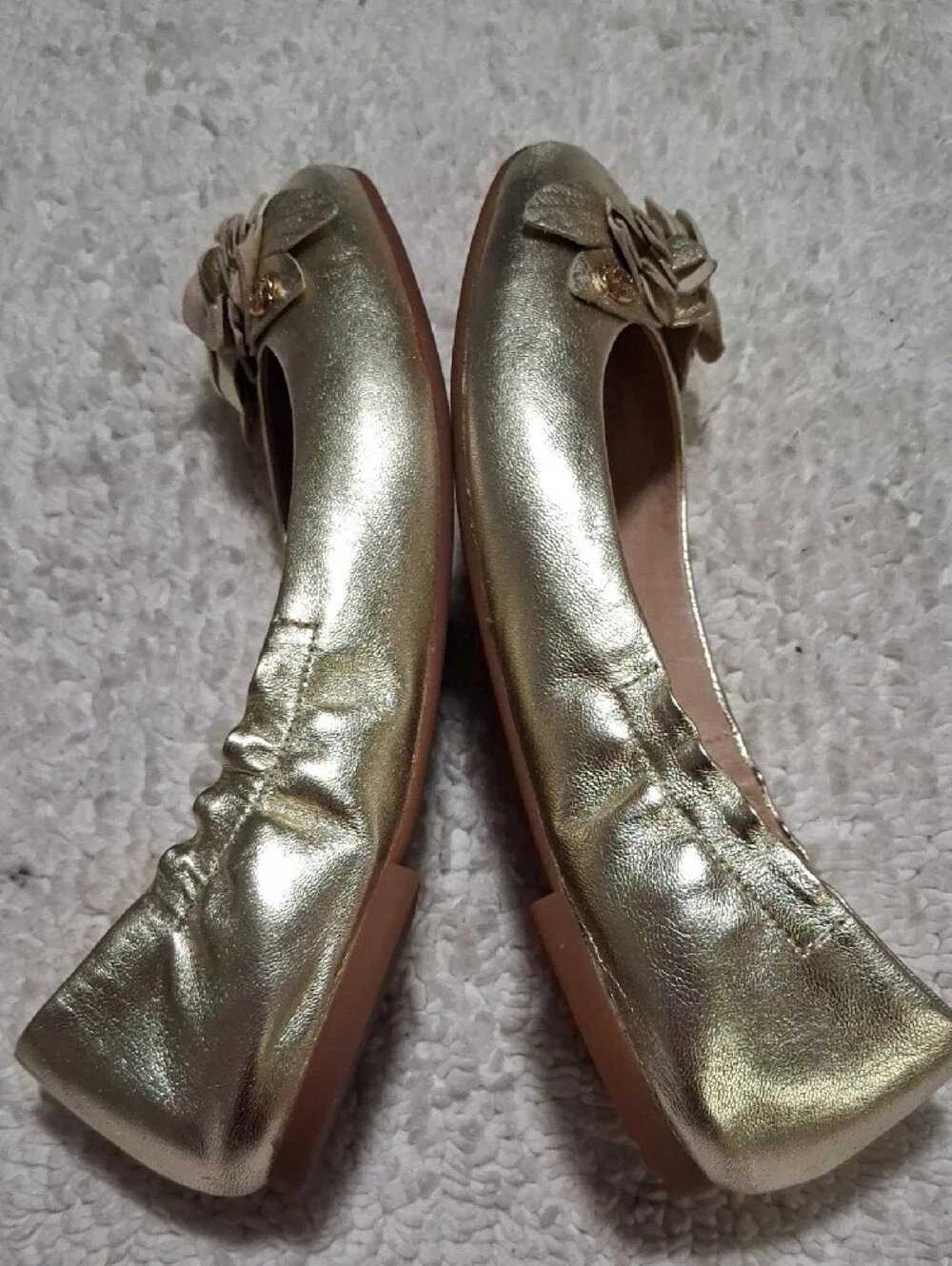Tory Burch Metallic Gold Floral Leather Ballet Flats